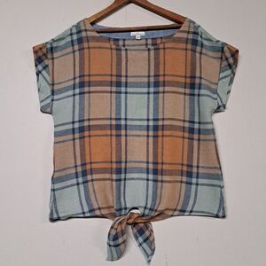 LL Bean Signature 100% Linen Top M Plaid Beach Lightweight Tie Summer Sleeveless